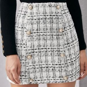 Plaid Tweed Skirt Preppy French Old Money Boucle Woven Double Button Gold Classy